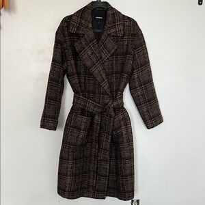 Express Tan Red Navy Tweed Plaid Coat